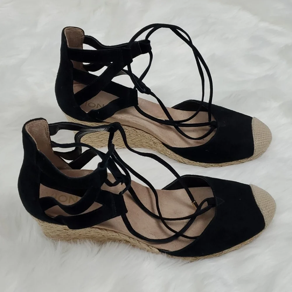 Vionic espadrilles suede black shoes strips women size 9